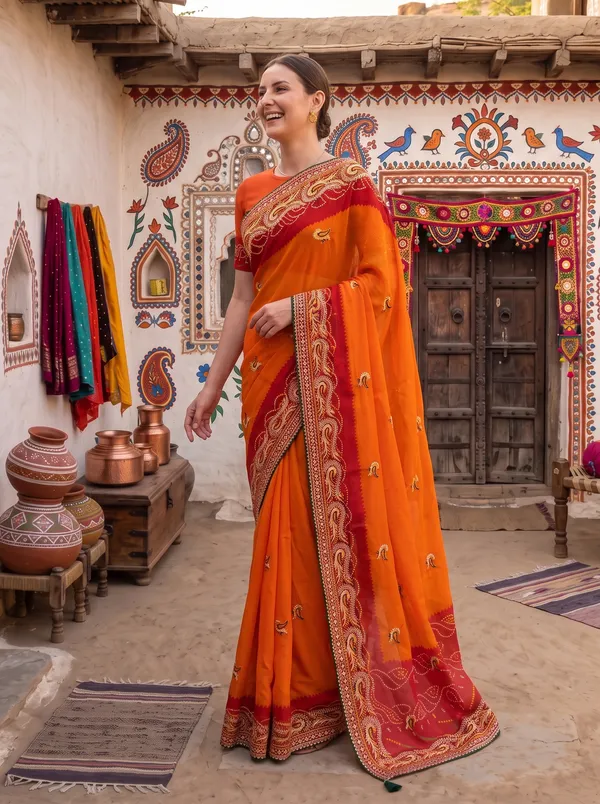 Orange_Georgette_Silk_Bandhani_Printed_Embroidered_Saree_with_Blouse