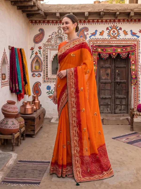 Orange_Georgette_Silk_Bandhani_Printed_Embroidered_Saree_with_Blouse