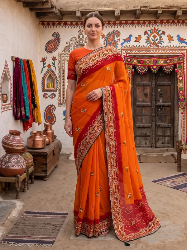 Orange_Georgette_Silk_Bandhani_Printed_Embroidered_Saree_with_Blouse