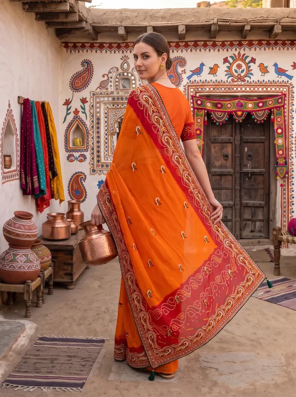 Orange_Georgette_Silk_Bandhani_Printed_Embroidered_Saree_with_Blouse