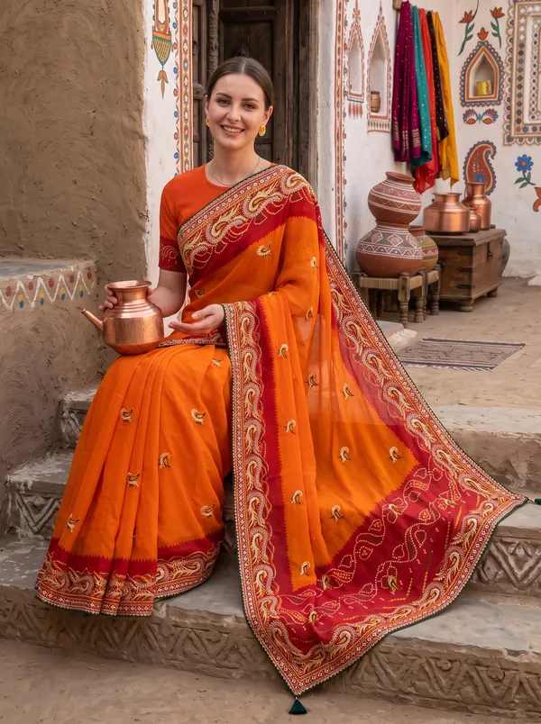 Orange_Georgette_Silk_Bandhani_Printed_Embroidered_Saree_with_Blouse