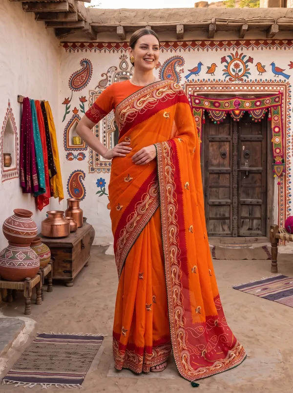 Orange_Georgette_Silk_Bandhani_Printed_Embroidered_Saree_with_Blouse