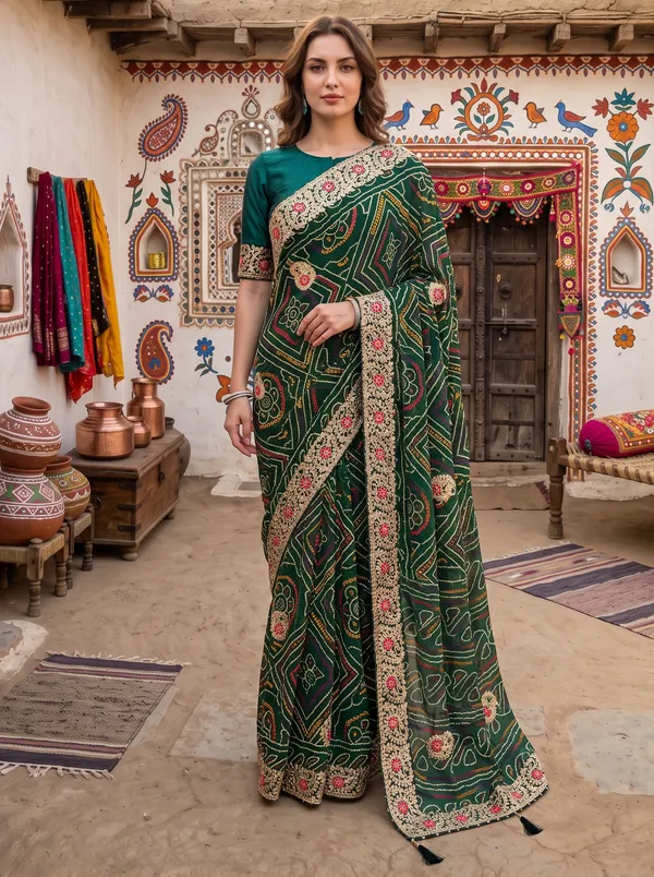 Green_Georgette_Silk_Embroidered_Bandhani_Saree_with_Unstitched_Blouse