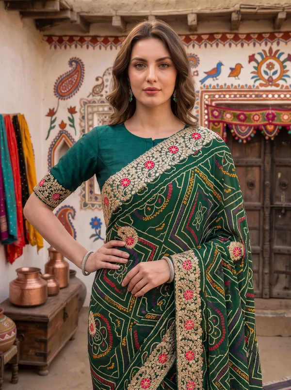 Green_Georgette_Silk_Embroidered_Bandhani_Saree_with_Unstitched_Blouse