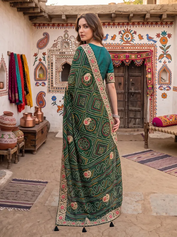 Green_Georgette_Silk_Embroidered_Bandhani_Saree_with_Unstitched_Blouse