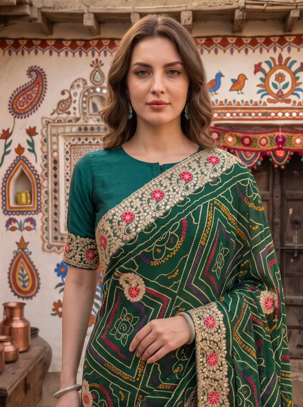 Green_Georgette_Silk_Embroidered_Bandhani_Saree_with_Unstitched_Blouse