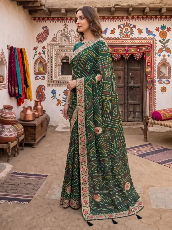 Green_Georgette_Silk_Embroidered_Bandhani_Saree_with_Unstitched_Blouse
