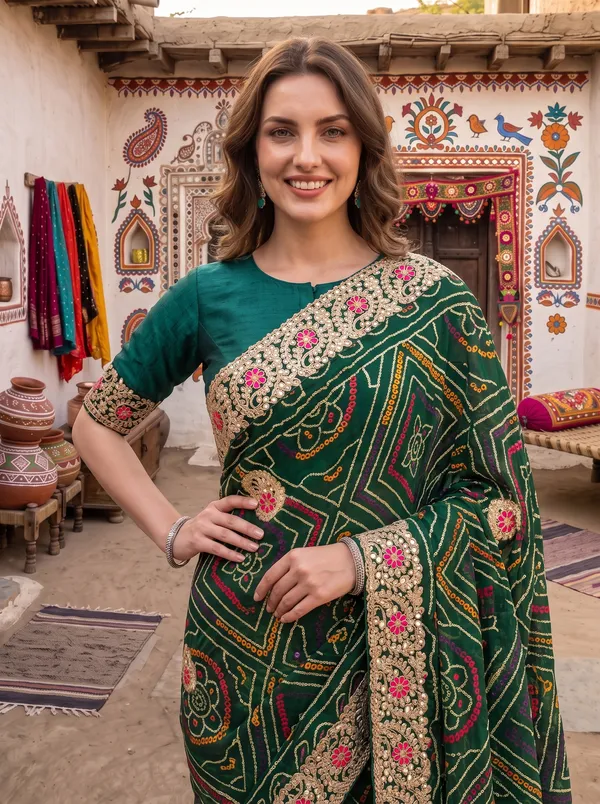 Green_Georgette_Silk_Embroidered_Bandhani_Saree_with_Unstitched_Blouse