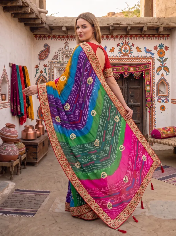 Multicolor_Georgette_Silk_Bandhani_Printed_Embroidered_Saree_with_Blouse