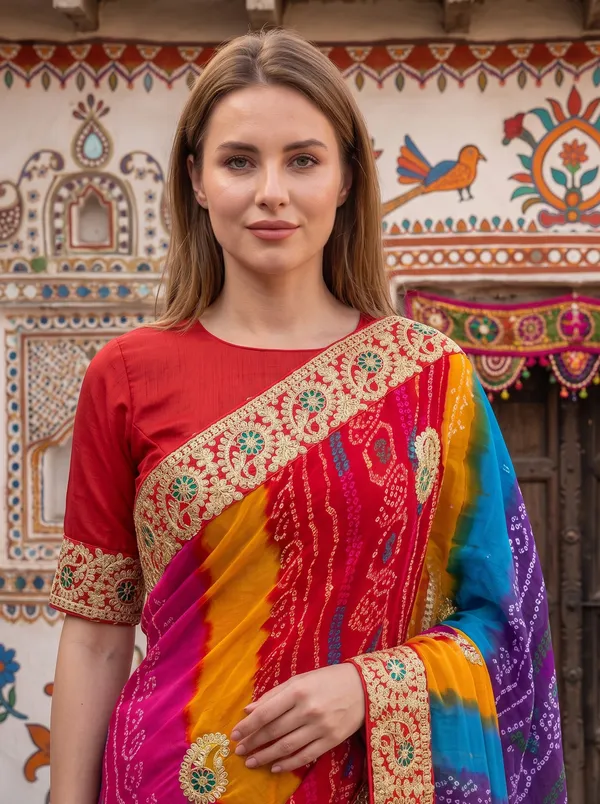 Multicolor_Georgette_Silk_Bandhani_Printed_Embroidered_Saree_with_Blouse