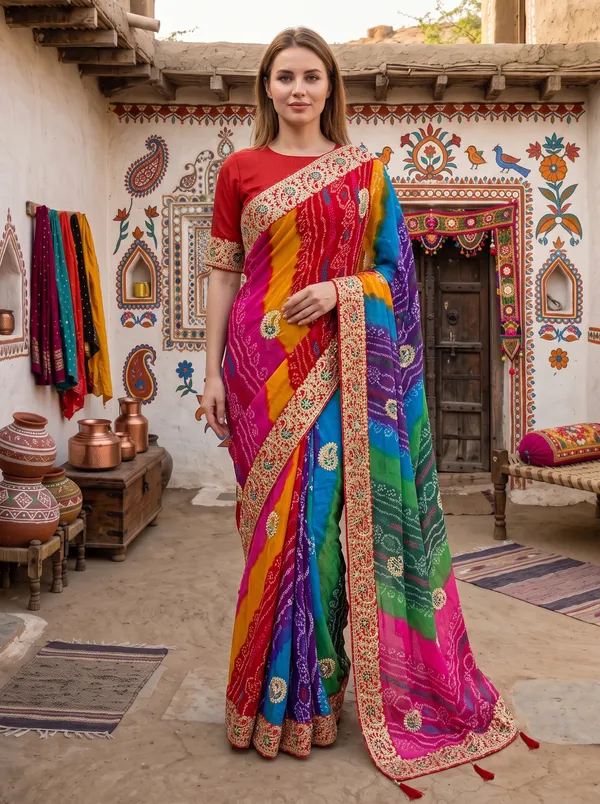 Multicolor_Georgette_Silk_Bandhani_Printed_Embroidered_Saree_with_Blouse