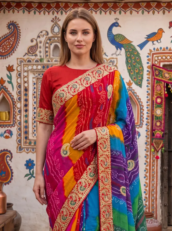 Multicolor_Georgette_Silk_Bandhani_Printed_Embroidered_Saree_with_Blouse