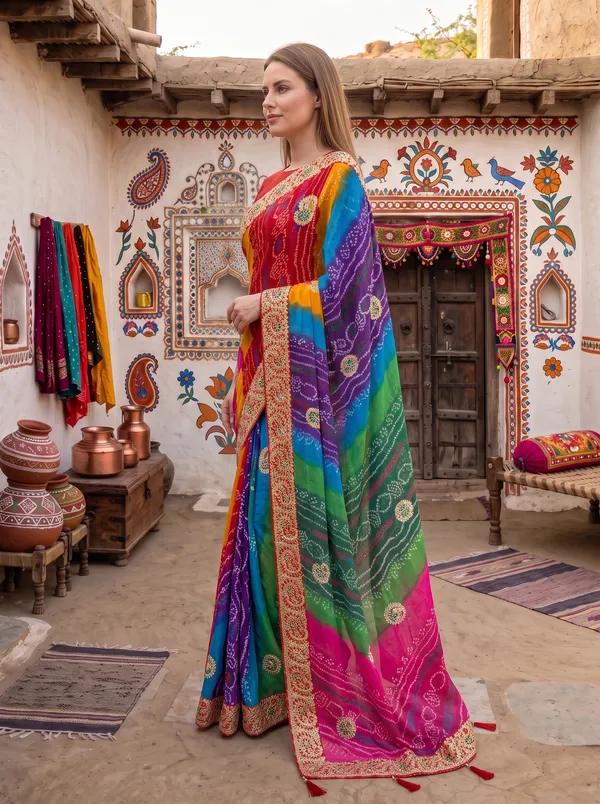 Multicolor_Georgette_Silk_Bandhani_Printed_Embroidered_Saree_with_Blouse