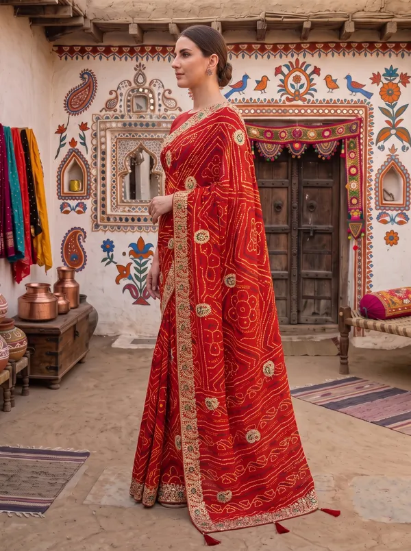Red_Embroidered_Georgette_Silk_Bandhani_Saree_with_Unstitched_Blouse