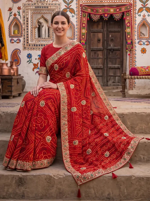 Red_Embroidered_Georgette_Silk_Bandhani_Saree_with_Unstitched_Blouse