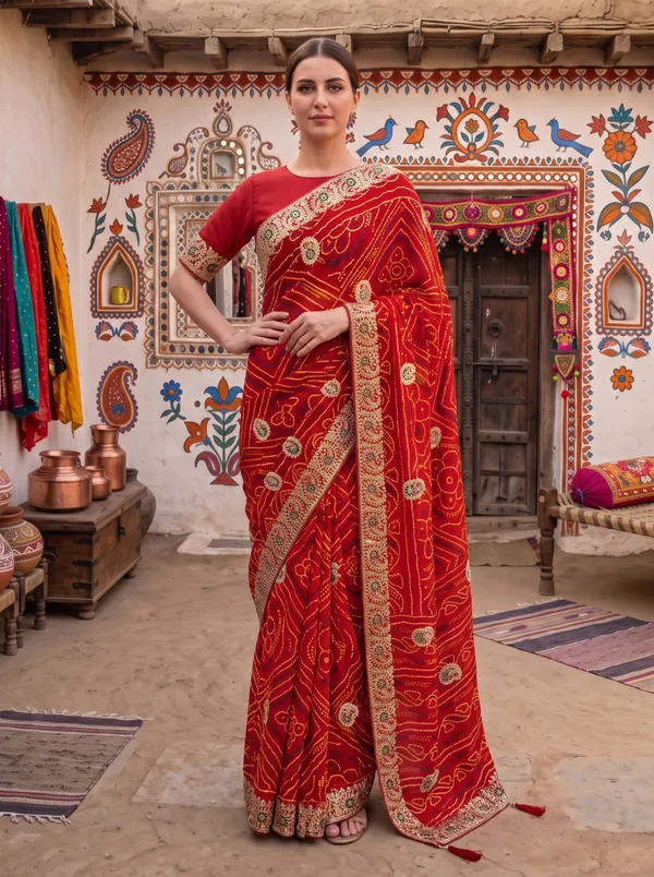 Red_Embroidered_Georgette_Silk_Bandhani_Saree_with_Unstitched_Blouse