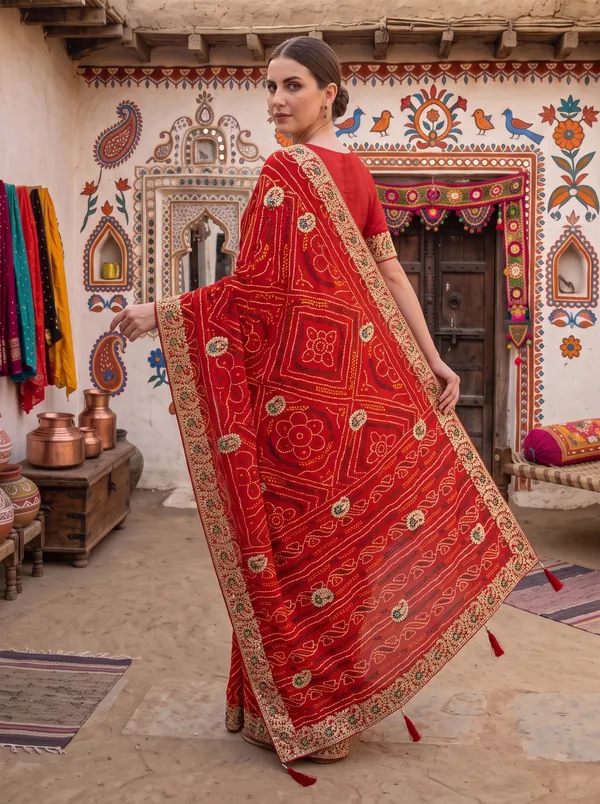 Red_Embroidered_Georgette_Silk_Bandhani_Saree_with_Unstitched_Blouse