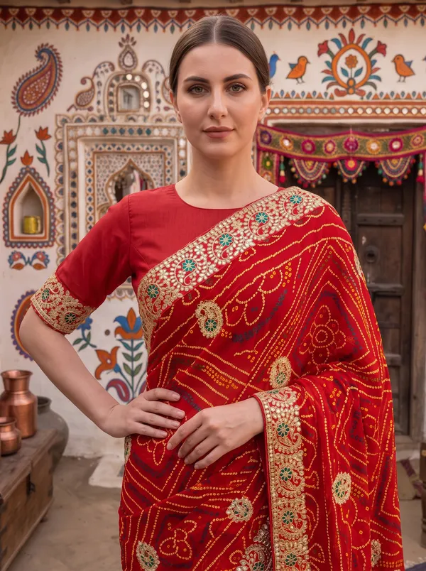 Red_Embroidered_Georgette_Silk_Bandhani_Saree_with_Unstitched_Blouse