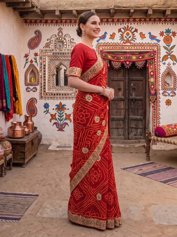 Red_Embroidered_Georgette_Silk_Bandhani_Saree_with_Unstitched_Blouse