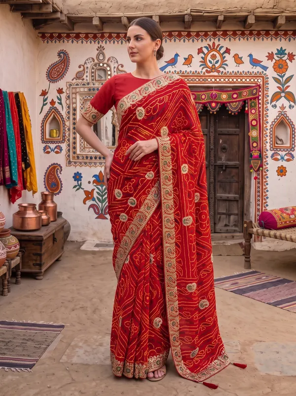 Red_Embroidered_Georgette_Silk_Bandhani_Saree_with_Unstitched_Blouse