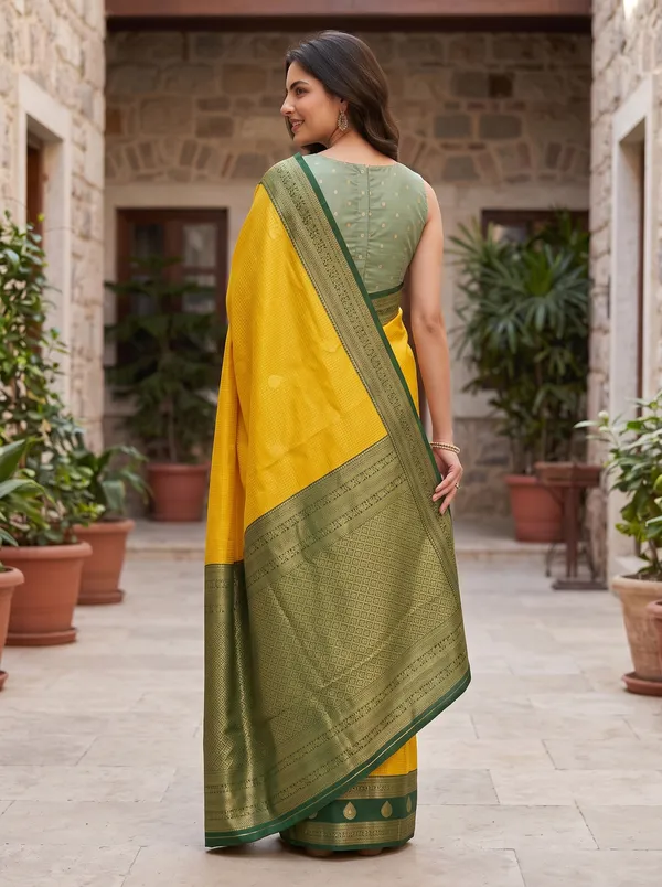 Yellow_Banarasi_Silk_Jacquard_Saree_with_Dark_Green_Border_&_Blouse