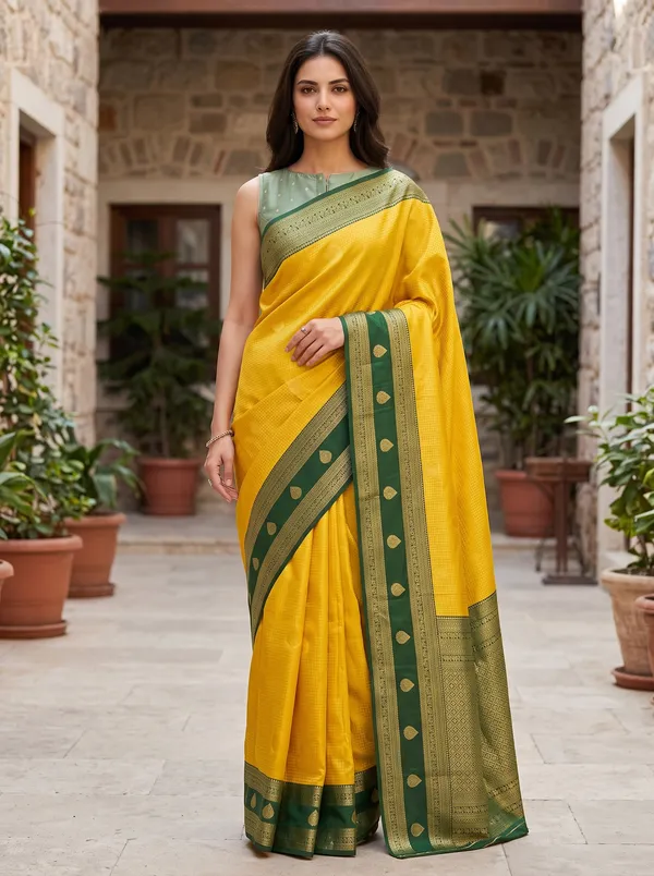 Yellow_Banarasi_Silk_Jacquard_Saree_with_Dark_Green_Border_&_Blouse