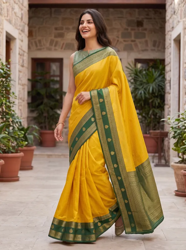 Yellow_Banarasi_Silk_Jacquard_Saree_with_Dark_Green_Border_&_Blouse