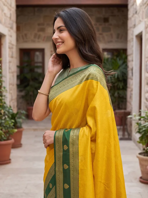 Yellow_Banarasi_Silk_Jacquard_Saree_with_Dark_Green_Border_&_Blouse