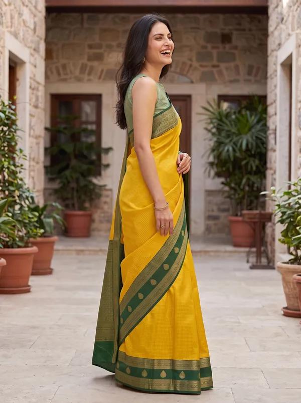 Yellow_Banarasi_Silk_Jacquard_Saree_with_Dark_Green_Border_&_Blouse