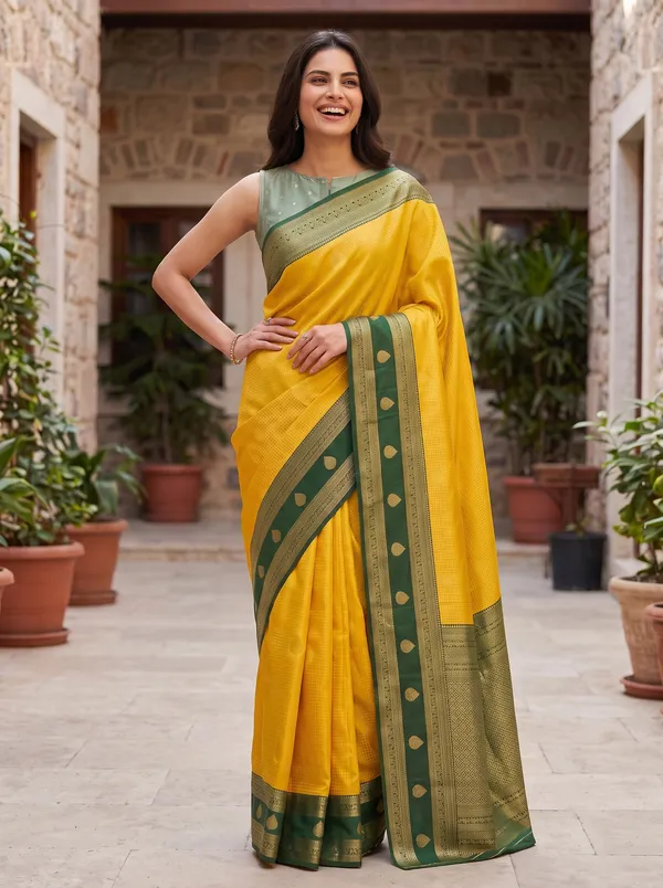 Yellow_Banarasi_Silk_Jacquard_Saree_with_Dark_Green_Border_&_Blouse