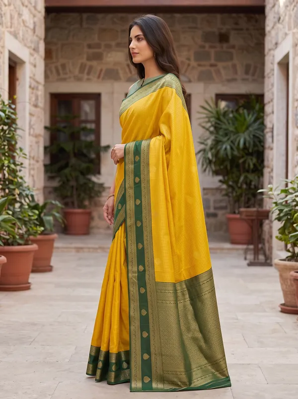 Yellow_Banarasi_Silk_Jacquard_Saree_with_Dark_Green_Border_&_Blouse