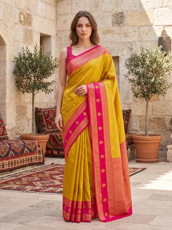 Yellow_Banarasi_Silk_Jacquard_Saree_with_Rani_Pink_Border_&_Blouse