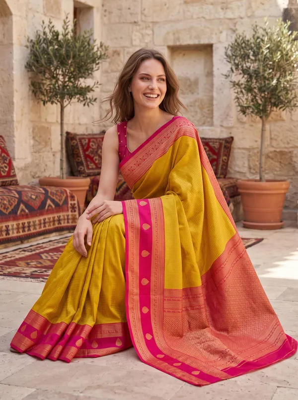 Yellow_Banarasi_Silk_Jacquard_Saree_with_Rani_Pink_Border_&_Blouse