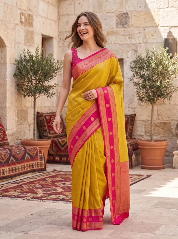 Yellow_Banarasi_Silk_Jacquard_Saree_with_Rani_Pink_Border_&_Blouse