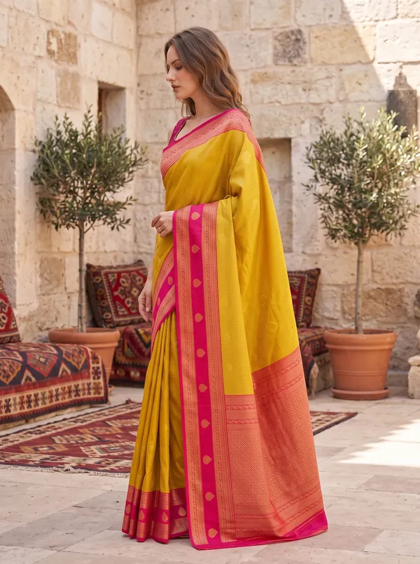Yellow_Banarasi_Silk_Jacquard_Saree_with_Rani_Pink_Border_&_Blouse