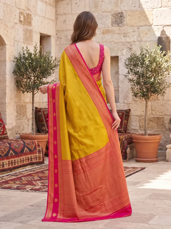 Yellow_Banarasi_Silk_Jacquard_Saree_with_Rani_Pink_Border_&_Blouse