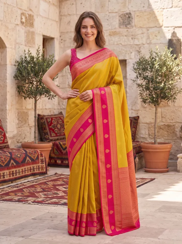 Yellow_Banarasi_Silk_Jacquard_Saree_with_Rani_Pink_Border_&_Blouse