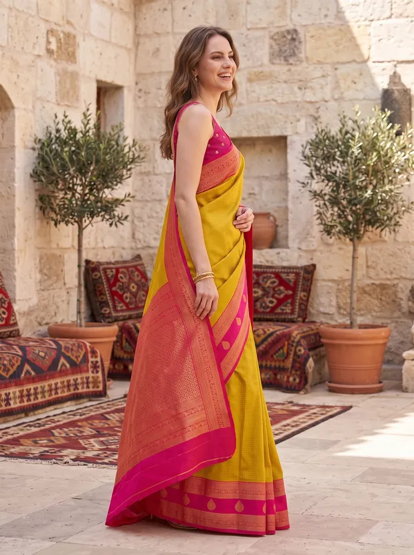 Yellow_Banarasi_Silk_Jacquard_Saree_with_Rani_Pink_Border_&_Blouse