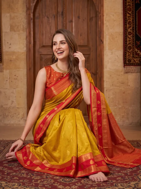 Yellow_Banarasi_Silk_Jacquard_Saree_with_Red_Border_&_Blouse