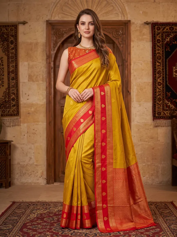 Yellow_Banarasi_Silk_Jacquard_Saree_with_Red_Border_&_Blouse