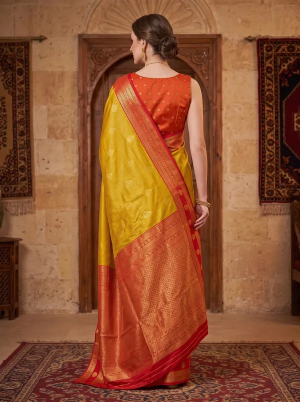 Yellow_Banarasi_Silk_Jacquard_Saree_with_Red_Border_&_Blouse