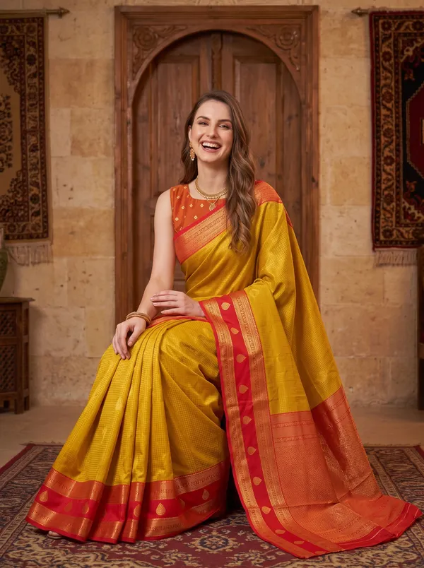 Yellow_Banarasi_Silk_Jacquard_Saree_with_Red_Border_&_Blouse