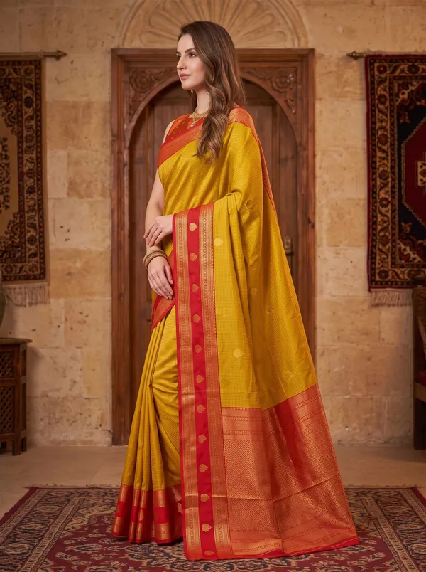 Yellow_Banarasi_Silk_Jacquard_Saree_with_Red_Border_&_Blouse