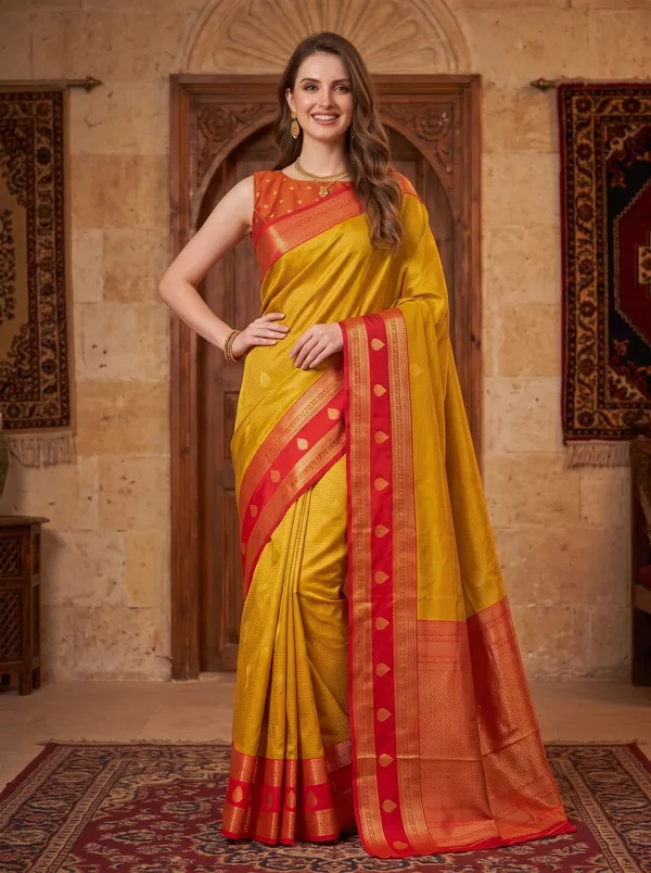 Yellow_Banarasi_Silk_Jacquard_Saree_with_Red_Border_&_Blouse