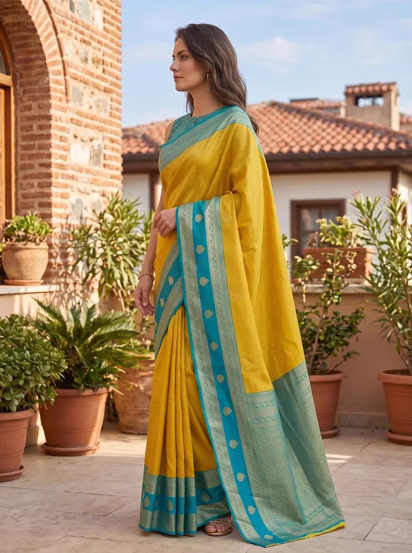 Yellow_Banarasi_Silk_Jacquard_Saree_with_Teal_Border_&_Blouse