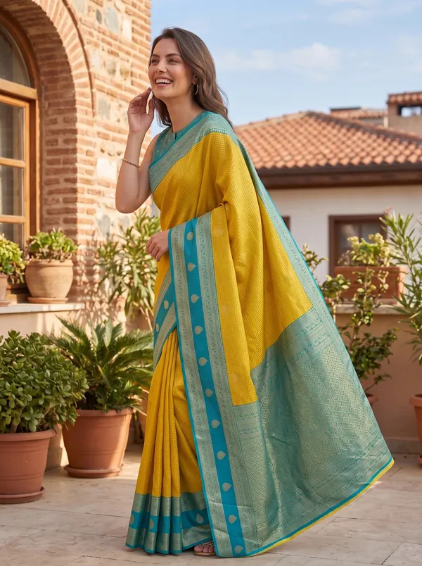 Yellow_Banarasi_Silk_Jacquard_Saree_with_Teal_Border_&_Blouse