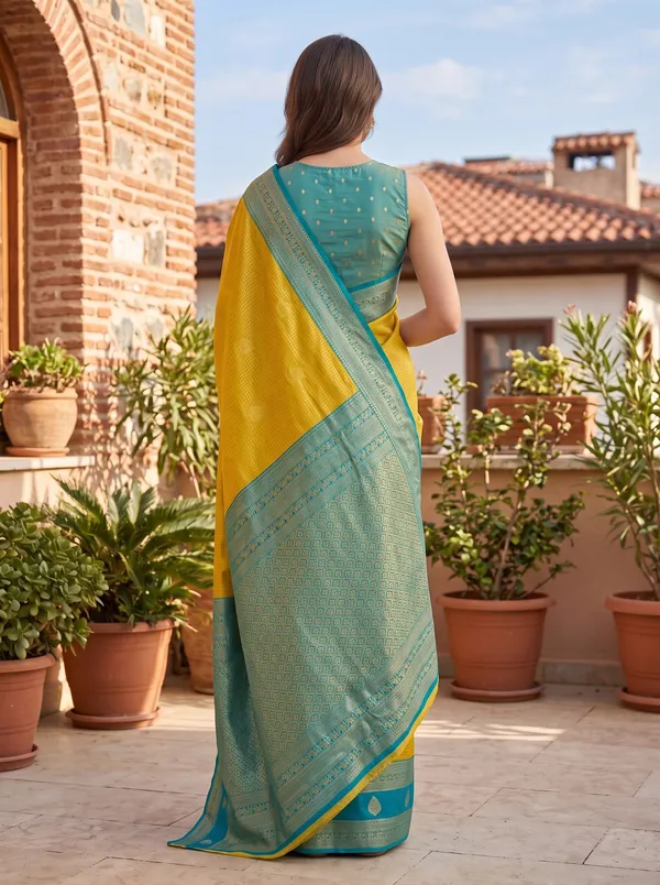 Yellow_Banarasi_Silk_Jacquard_Saree_with_Teal_Border_&_Blouse