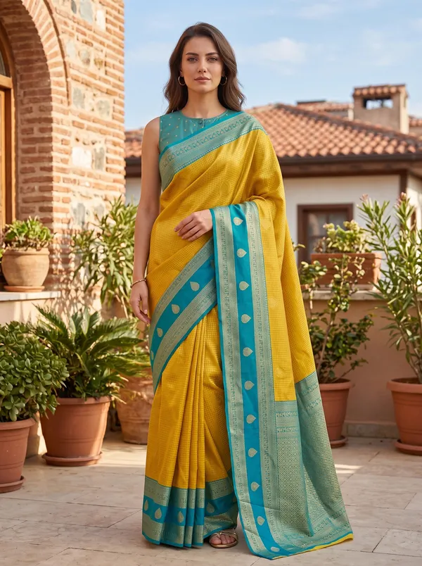 Yellow_Banarasi_Silk_Jacquard_Saree_with_Teal_Border_&_Blouse