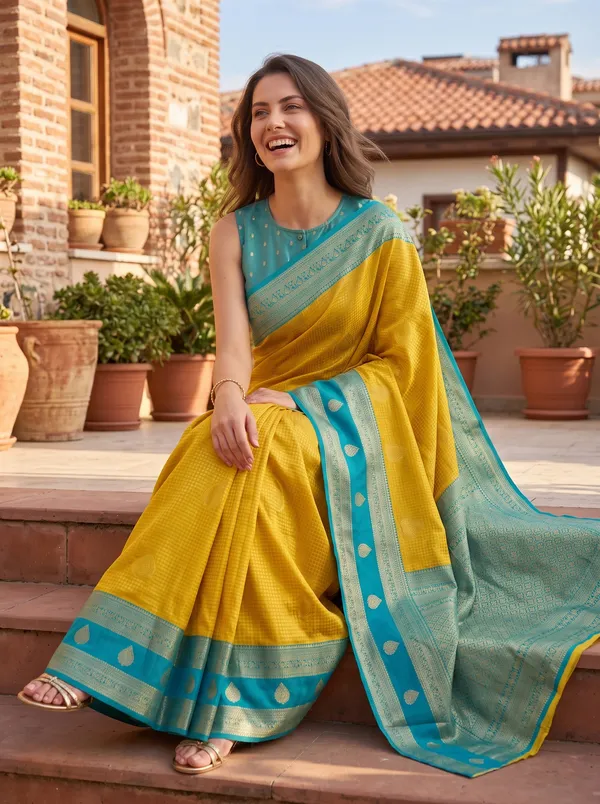 Yellow_Banarasi_Silk_Jacquard_Saree_with_Teal_Border_&_Blouse