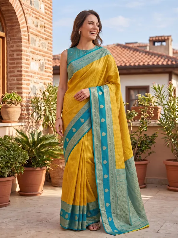 Yellow_Banarasi_Silk_Jacquard_Saree_with_Teal_Border_&_Blouse